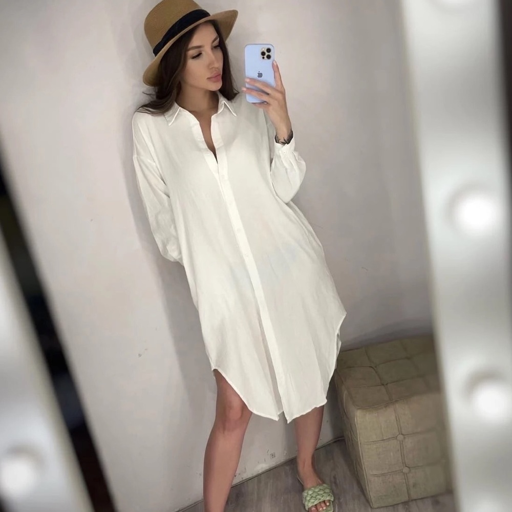 Shirt dress long women’s button collar top pockets white black - Picture 9 of 16